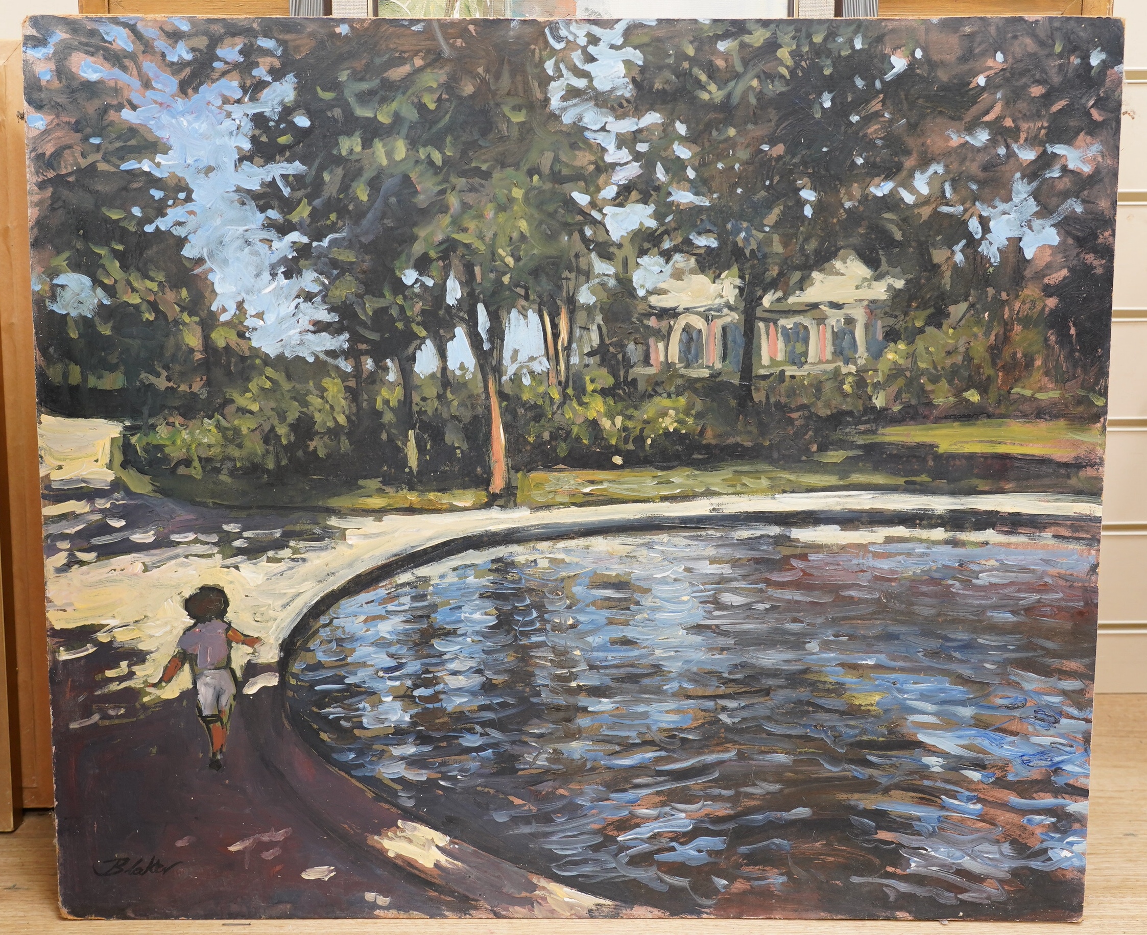 Michael John Blaker (1928-2018), four oils on board, 'Back Gardens', 'Rochester', 'Thanet Beach, Seascape', 'Park near Prague', each signed, largest 61 x 71cm, unframed. Condition - fair